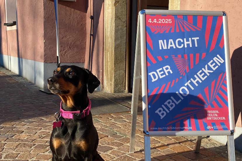 Eingang zur Bücherei Hainsacker mit Lesehündin Sadie